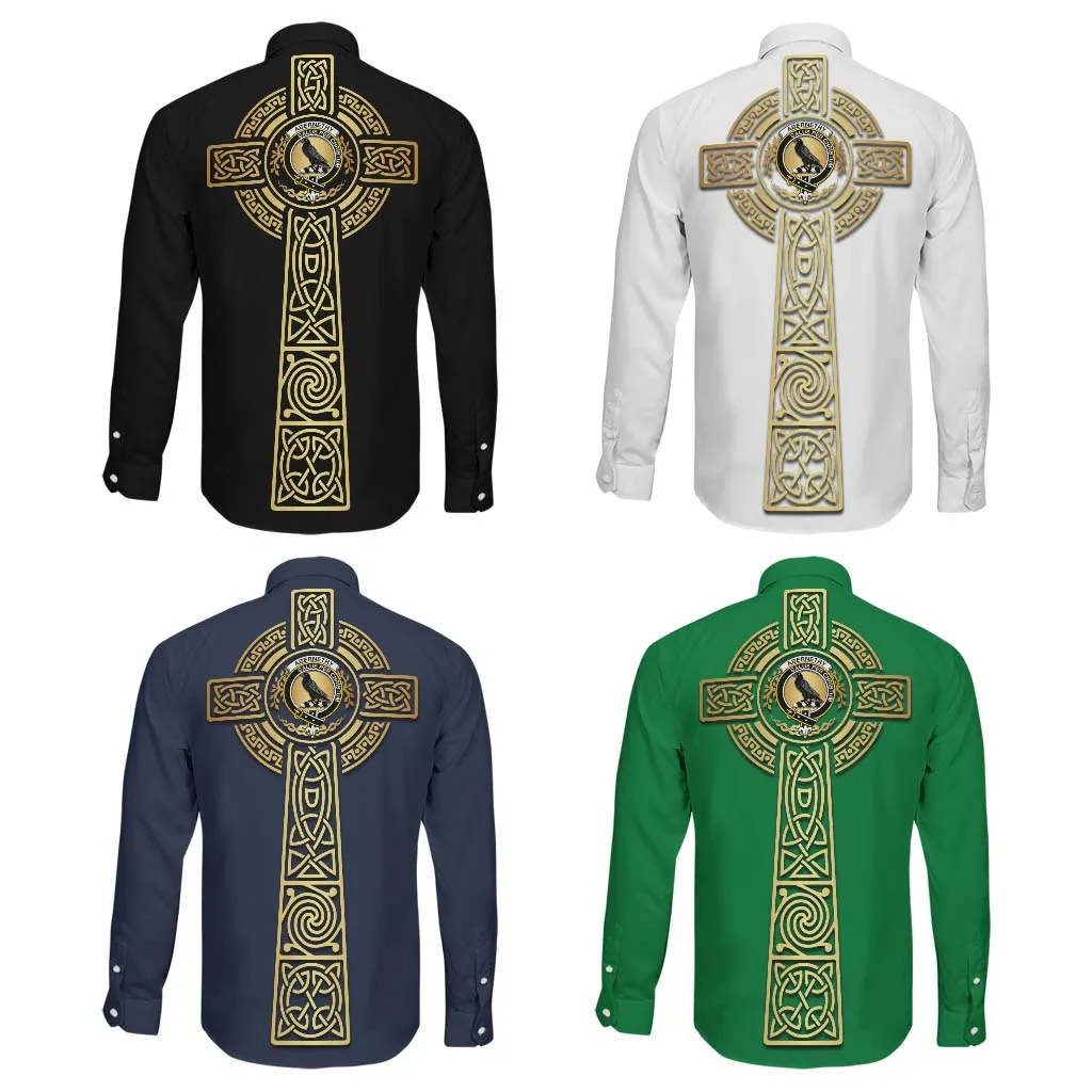 Abernethy Clan Mens Long Sleeve Button Up Shirt with Golden Celtic Tree Of Life