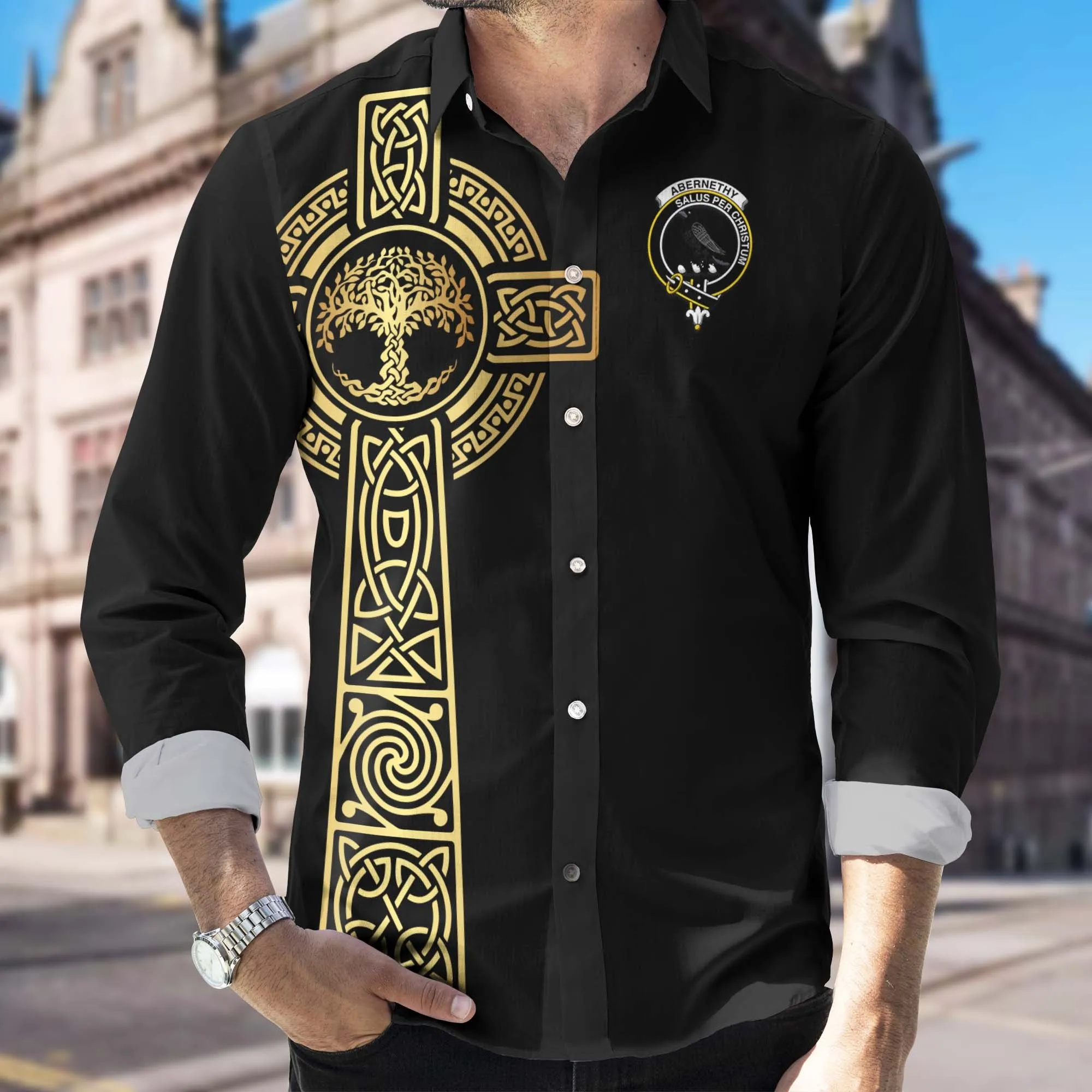 Abernethy Clan Mens Long Sleeve Button Up Shirt with Golden Celtic Tree Of Life