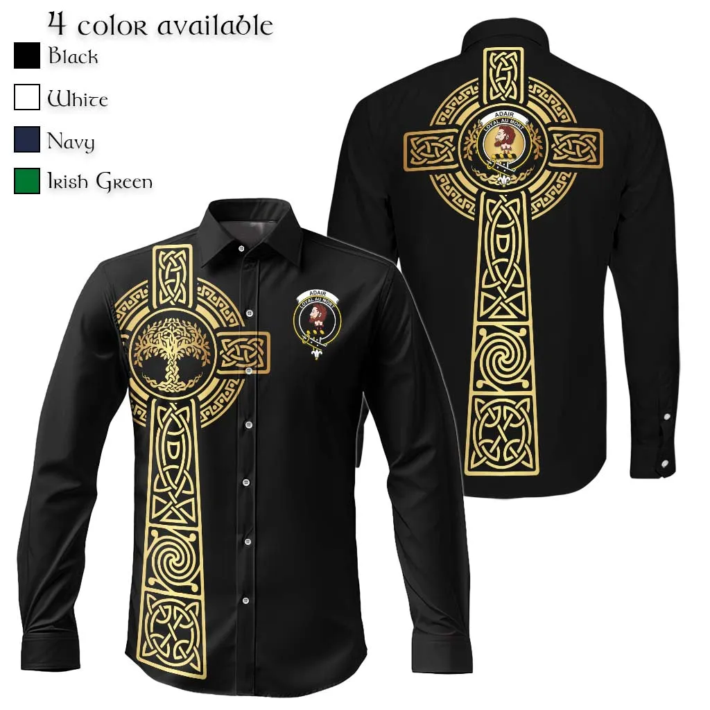 Adair Clan Mens Long Sleeve Button Up Shirt with Golden Celtic Tree Of Life