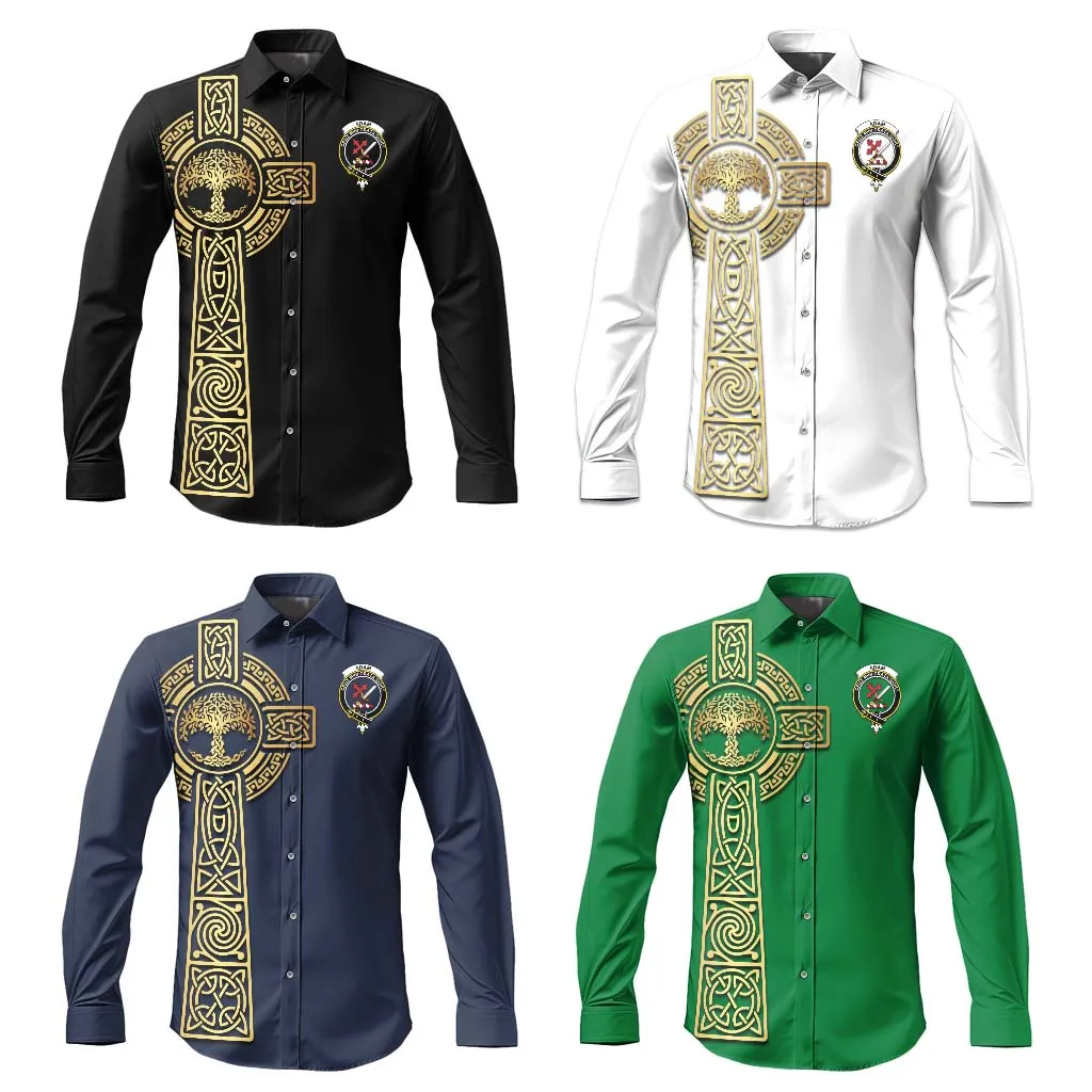 Adam Clan Mens Long Sleeve Button Up Shirt with Golden Celtic Tree Of Life