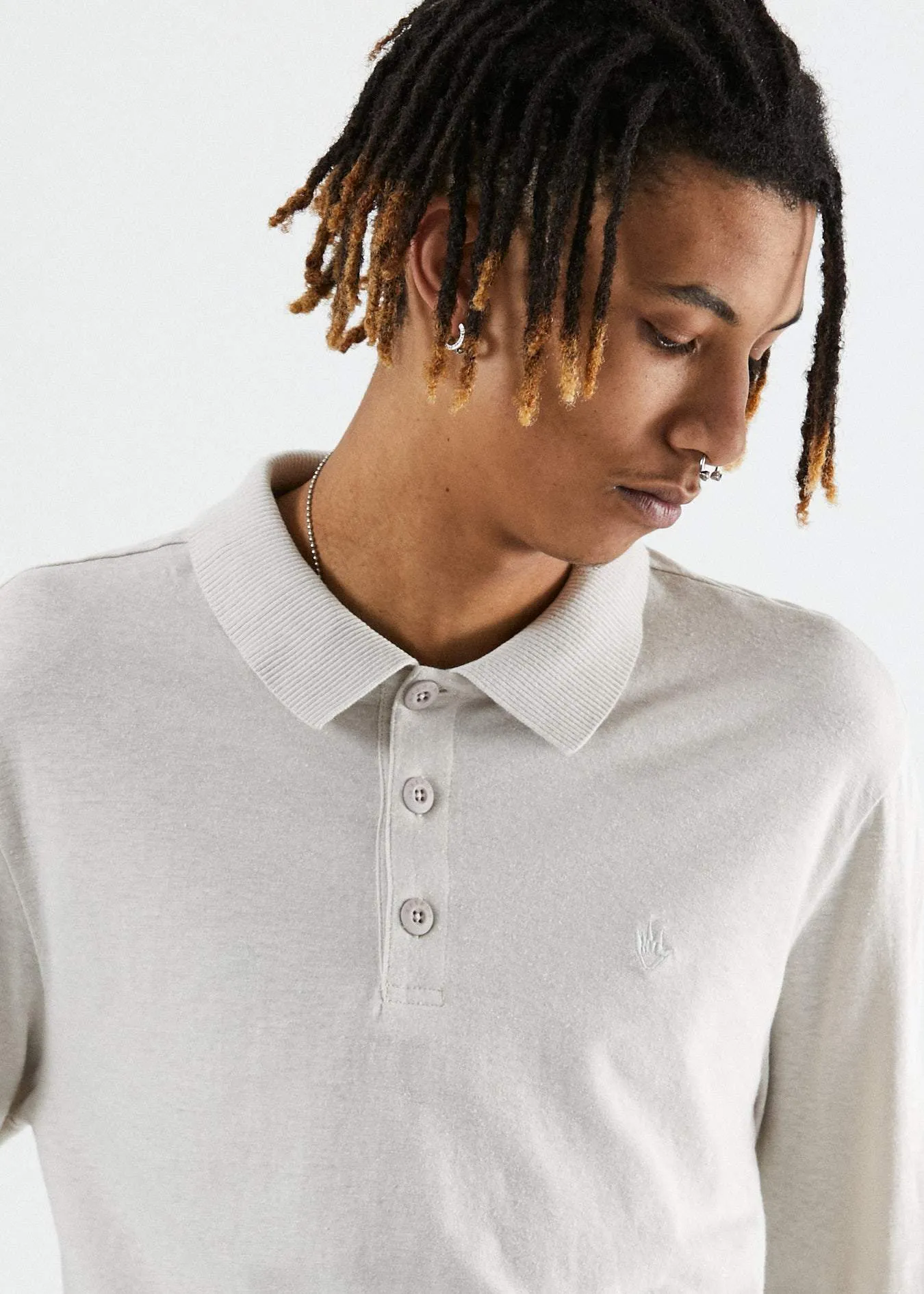 Afends Mens Loophole - Hemp Polo Long Sleeve Tee - Moonbeam