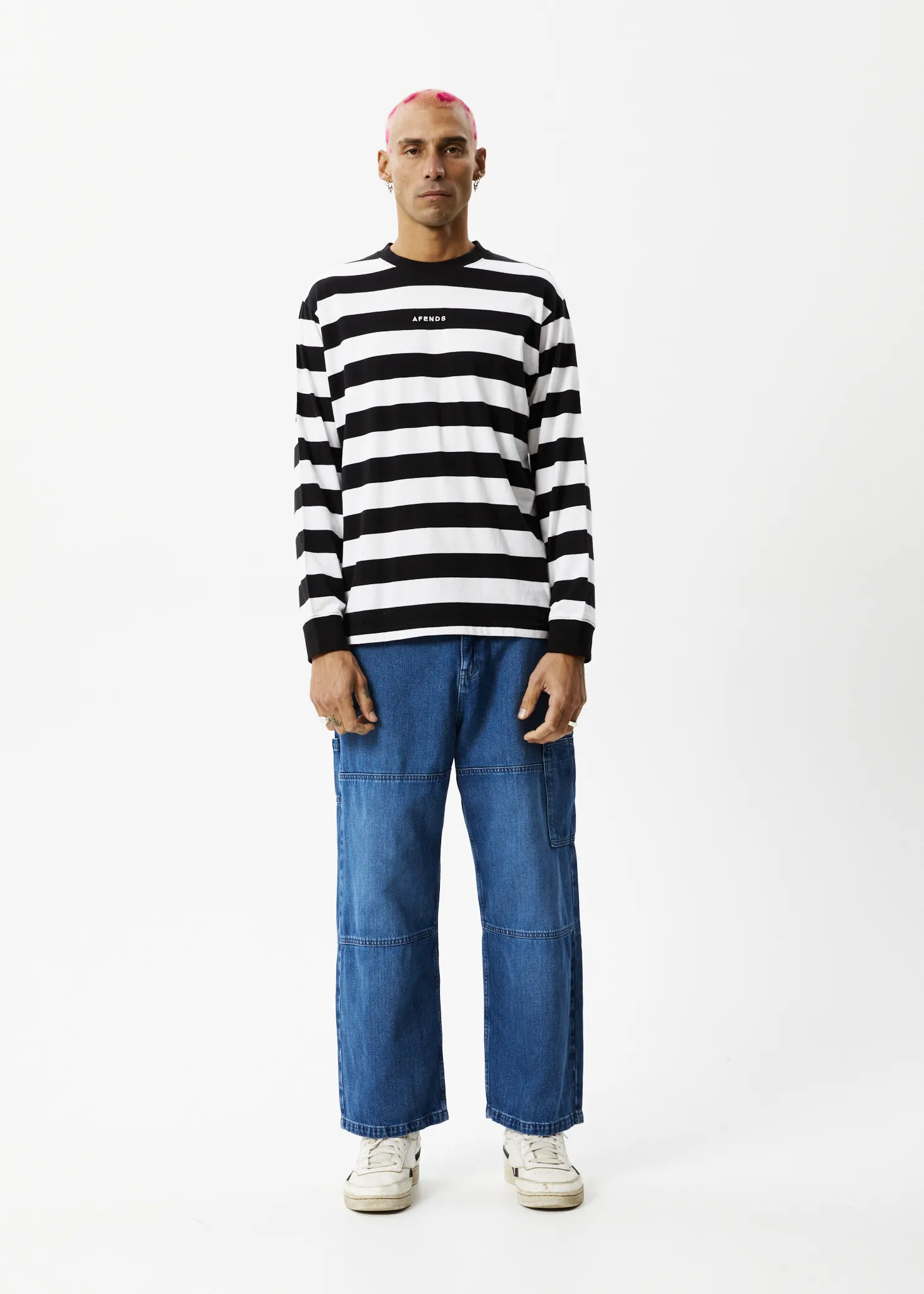 AFENDS Mens Needle - Striped Long Sleeve Logo T-Shirt - Black Stripe