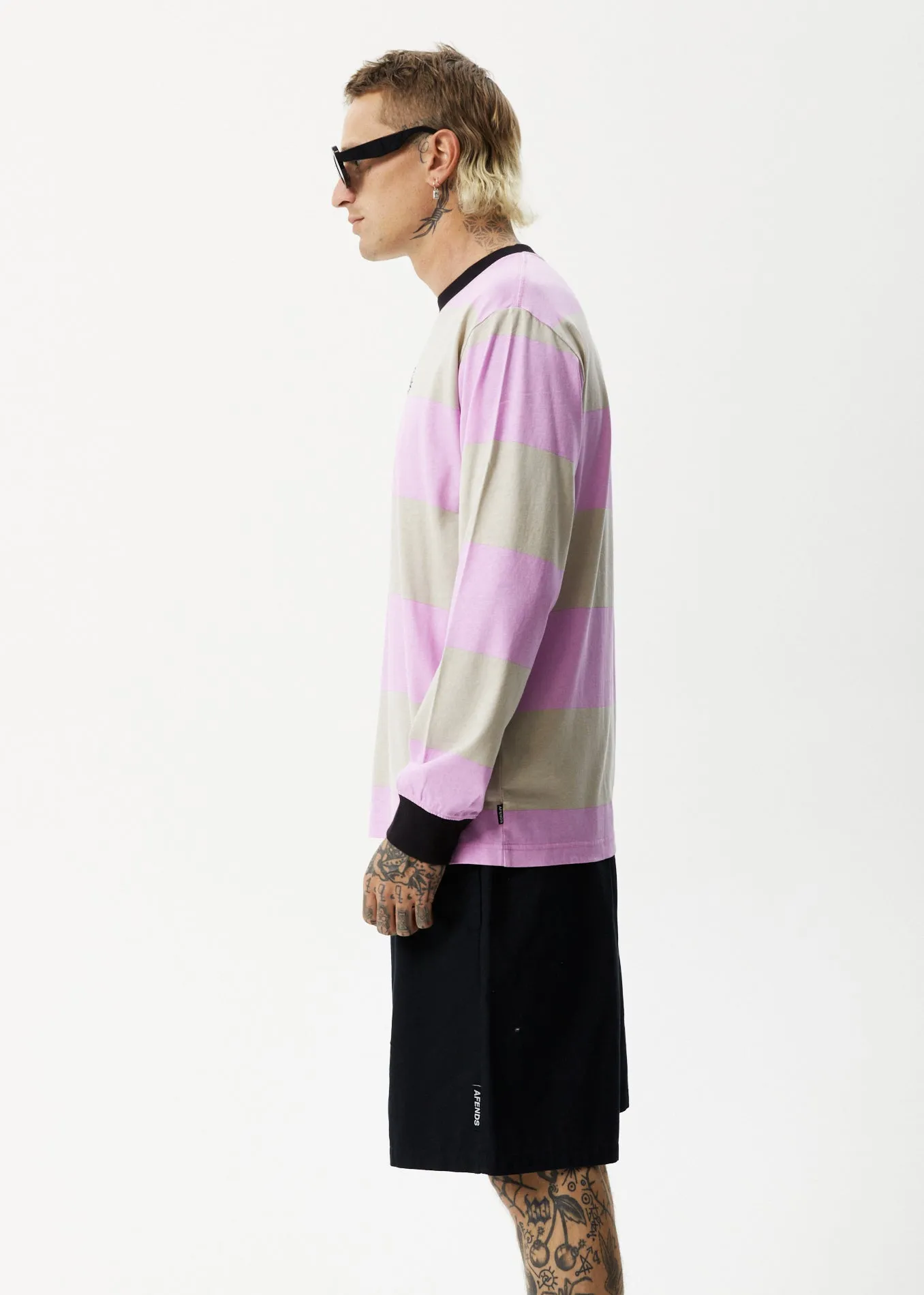 AFENDS Mens Space - Striped Long Sleeve Logo T-Shirt - Candy Stripe