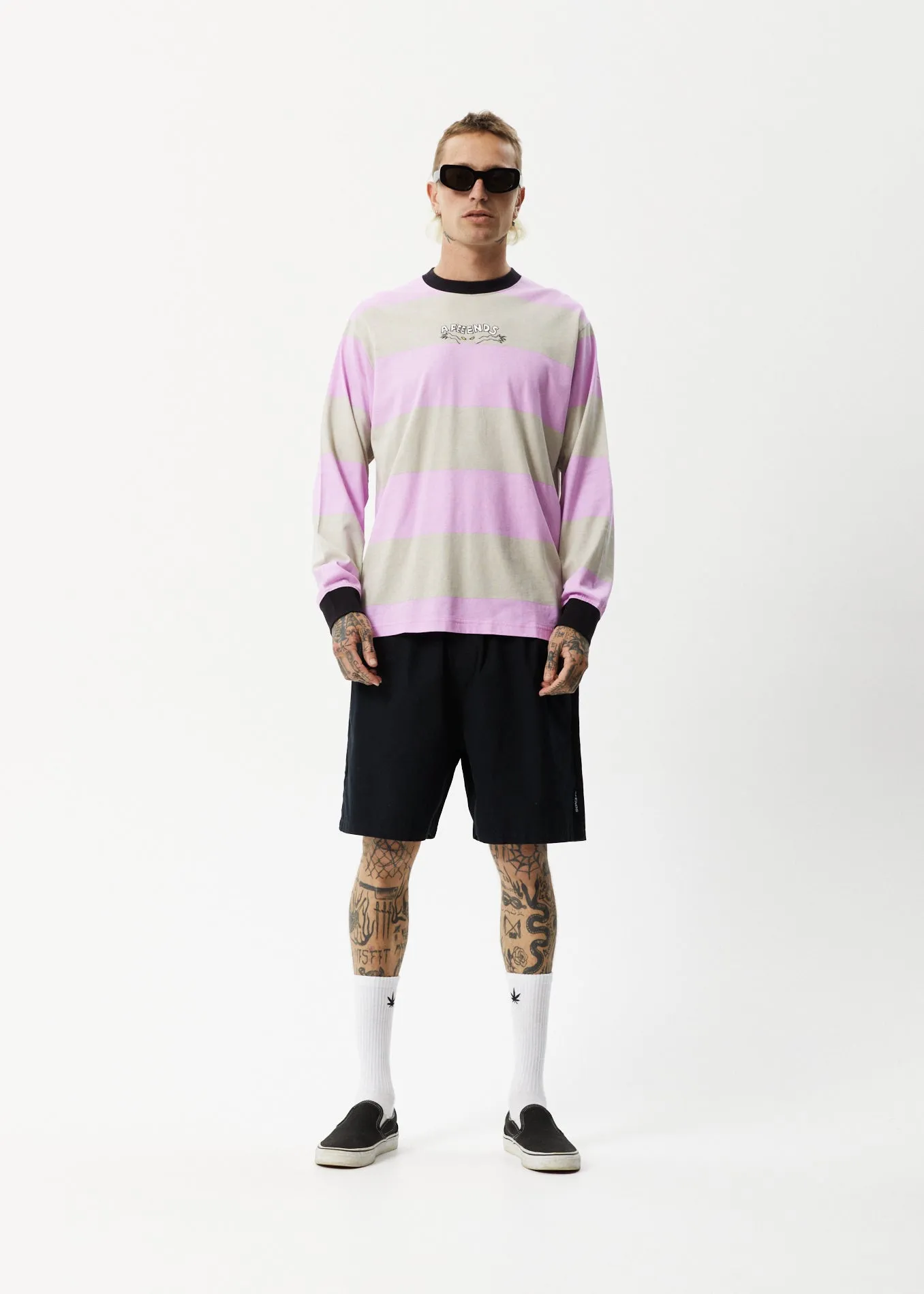 AFENDS Mens Space - Striped Long Sleeve Logo T-Shirt - Candy Stripe