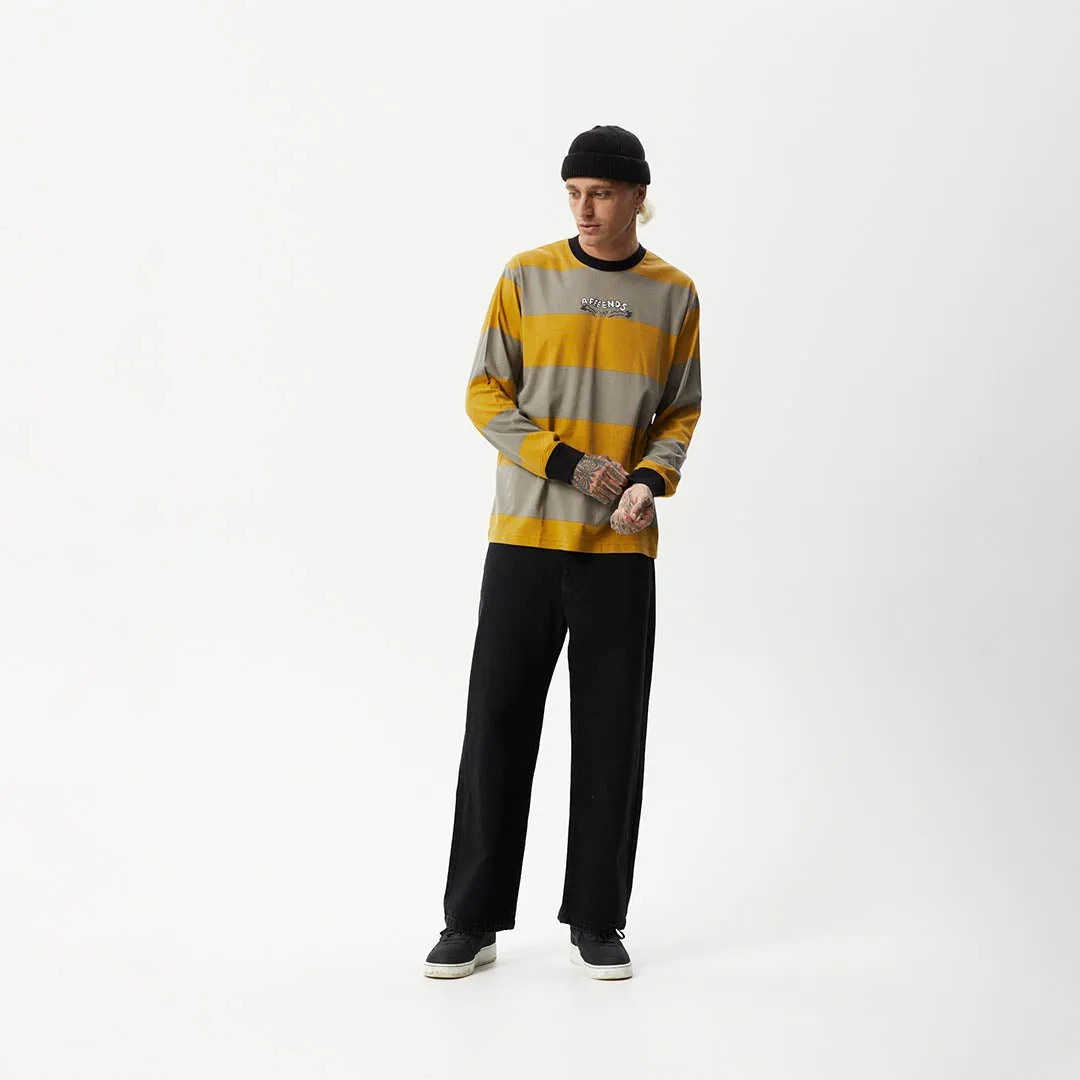 AFENDS Mens Space - Striped Long Sleeve Logo T-Shirt - Mustard Stripe