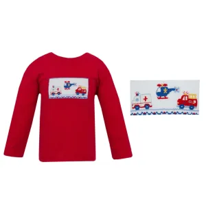 Anavini Boys Smocked Emergency Cars Red Knit Long Sleeve T-Shirt