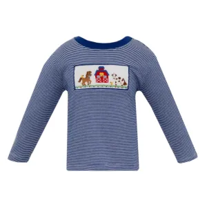 Anavini Boys Smocked Farm Navy Blue Knit Striped Long Sleeve T-Shirt