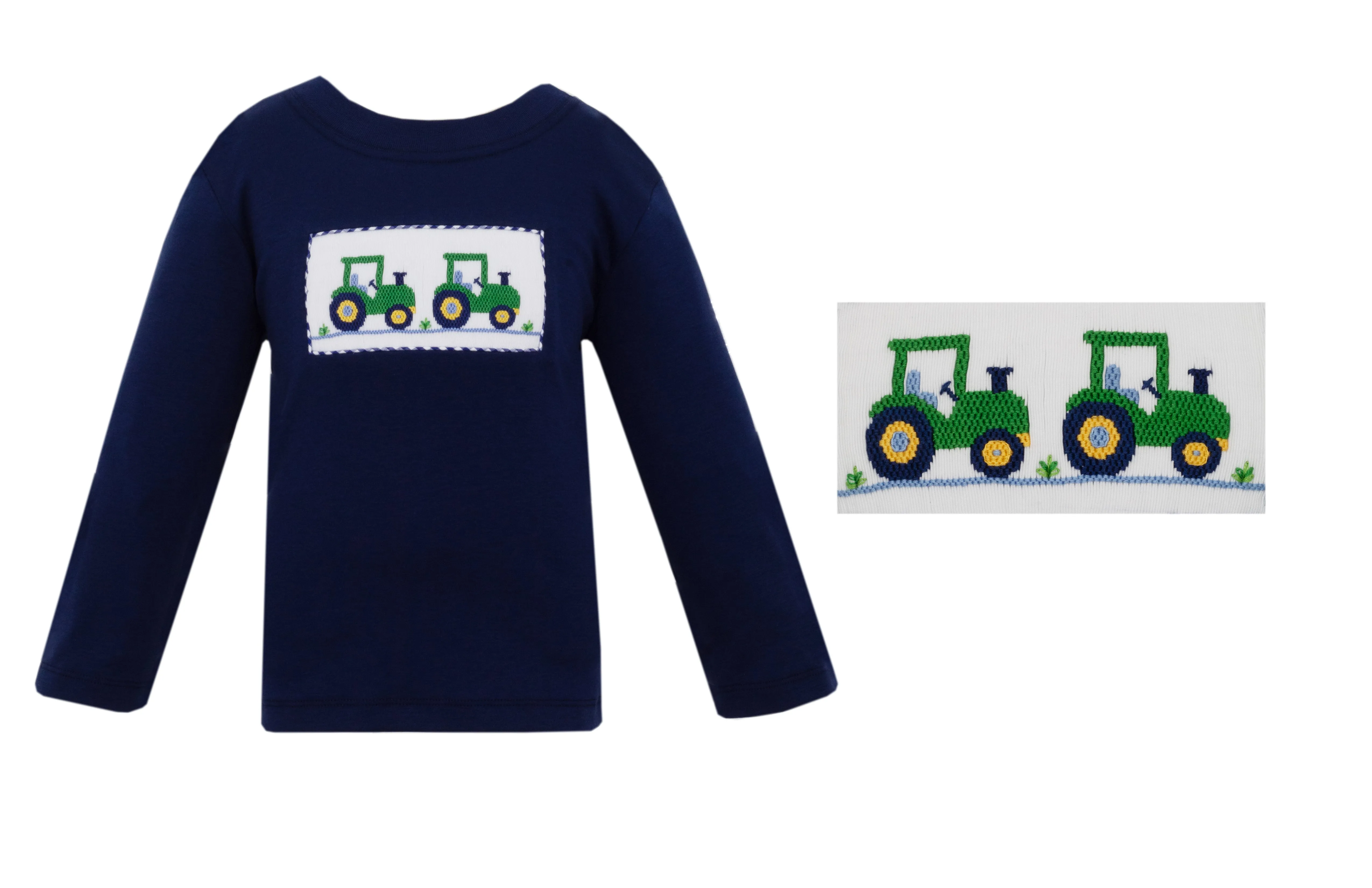 Anavini Boys Smocked Tractor Navy Knit Long Sleeve T-Shirt