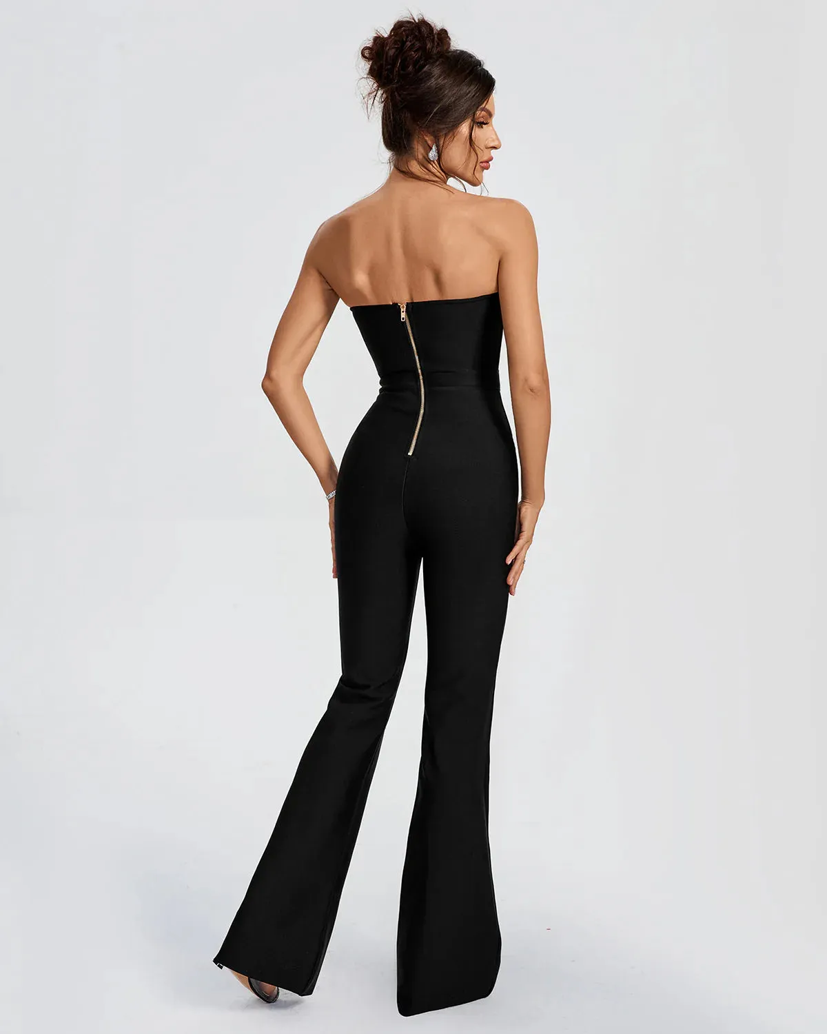 ANJALI Rhinestone Trim Open Back Bandage Jumpsuit