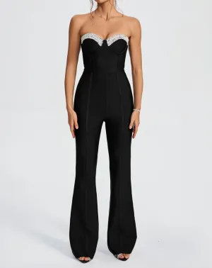 ANJALI Rhinestone Trim Open Back Bandage Jumpsuit