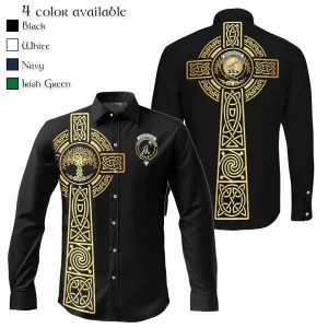 Anstruther Clan Mens Long Sleeve Button Up Shirt with Golden Celtic Tree Of Life