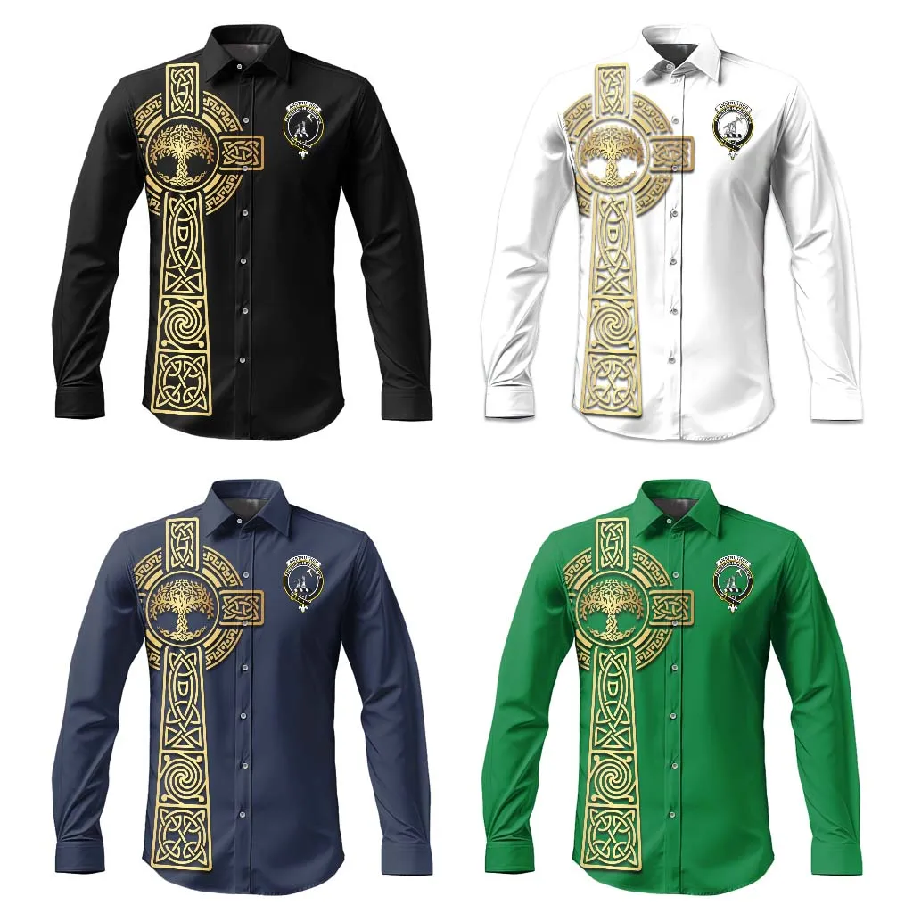 Anstruther Clan Mens Long Sleeve Button Up Shirt with Golden Celtic Tree Of Life