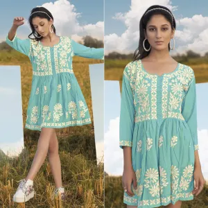 Aqua Blue Lucknowi Embroidered Rayon Tunic