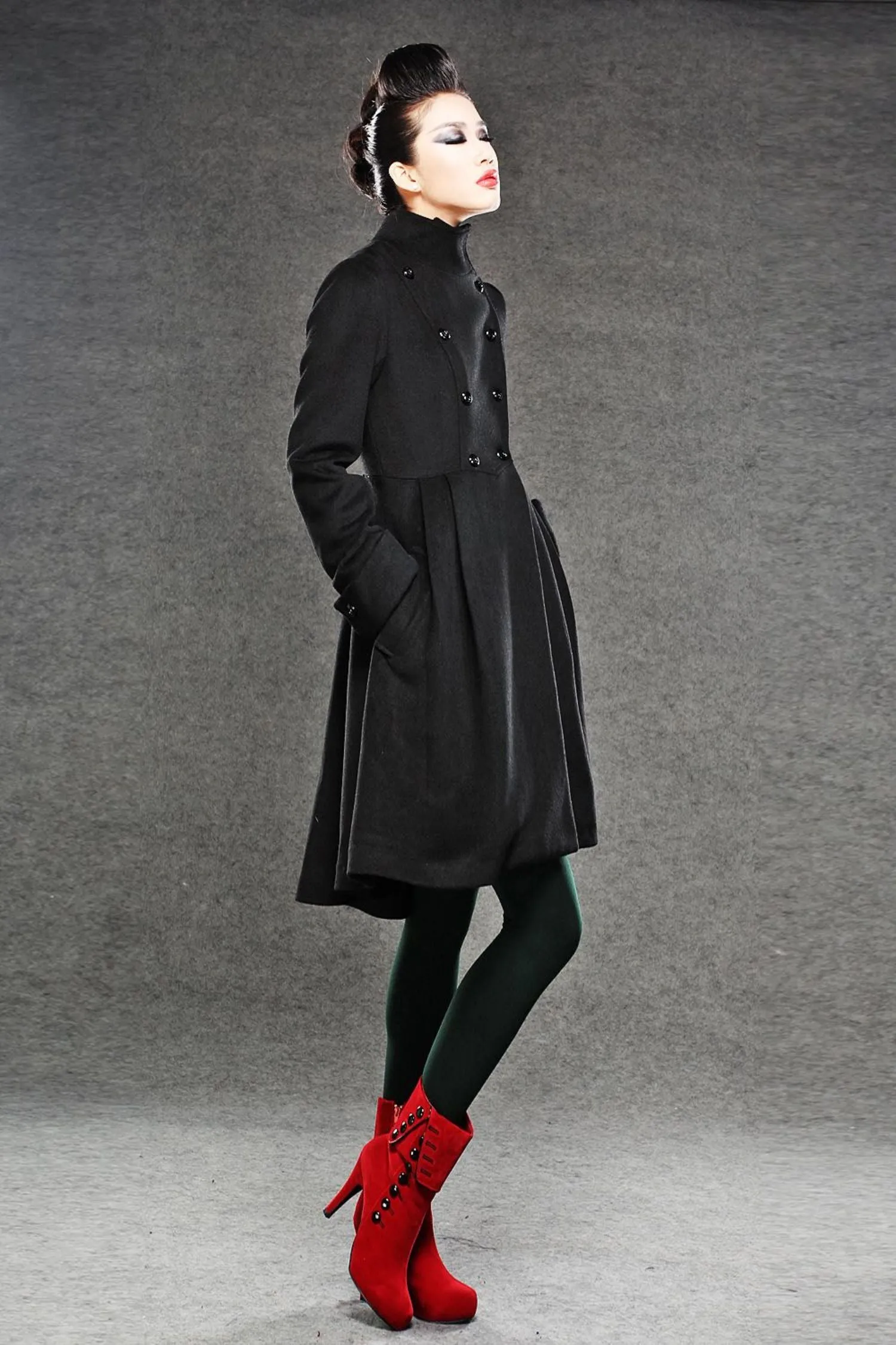 Asymmetrical black winter wool coat C039