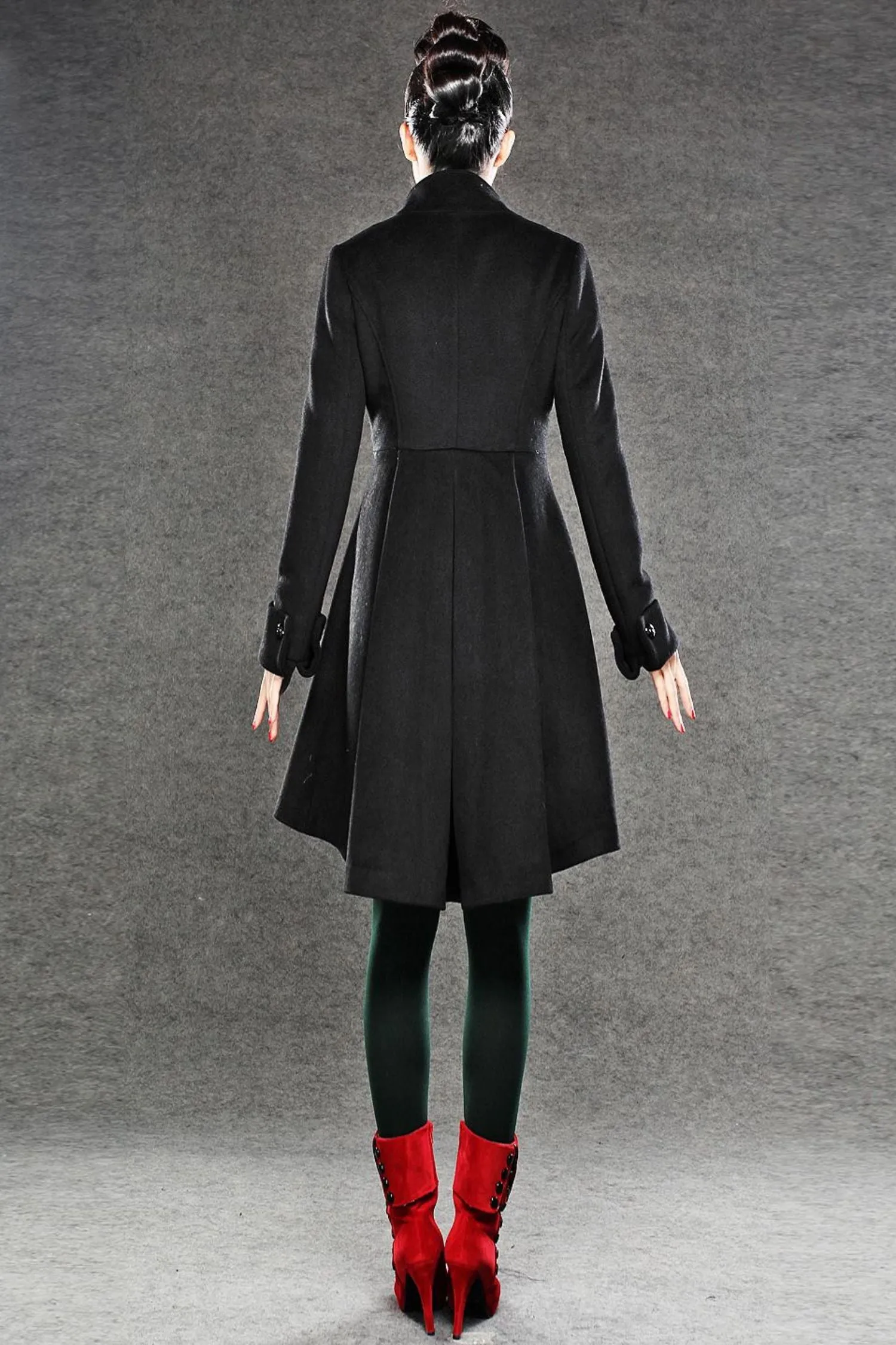 Asymmetrical black winter wool coat C039