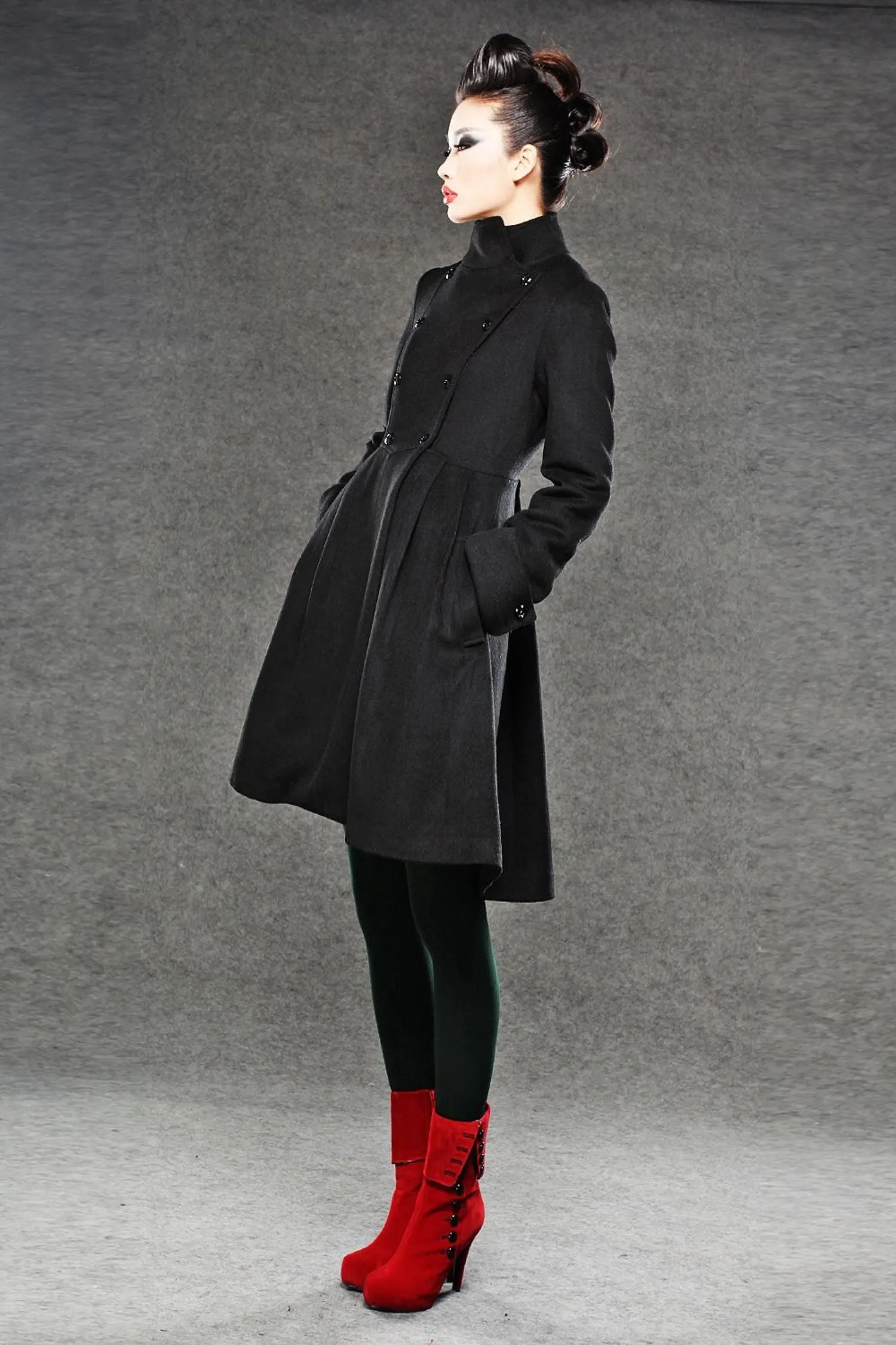 Asymmetrical black winter wool coat C039