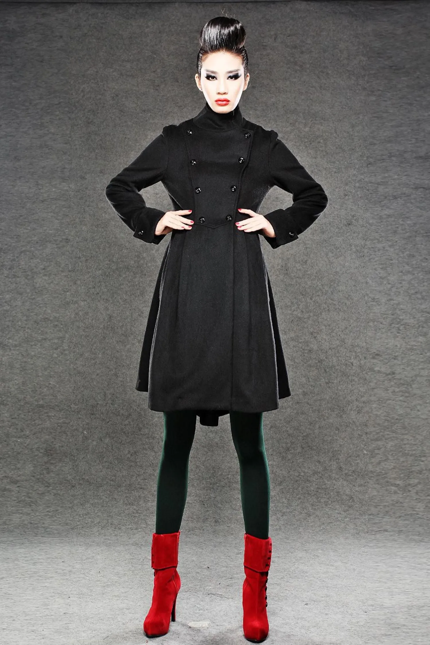 Asymmetrical black winter wool coat C039