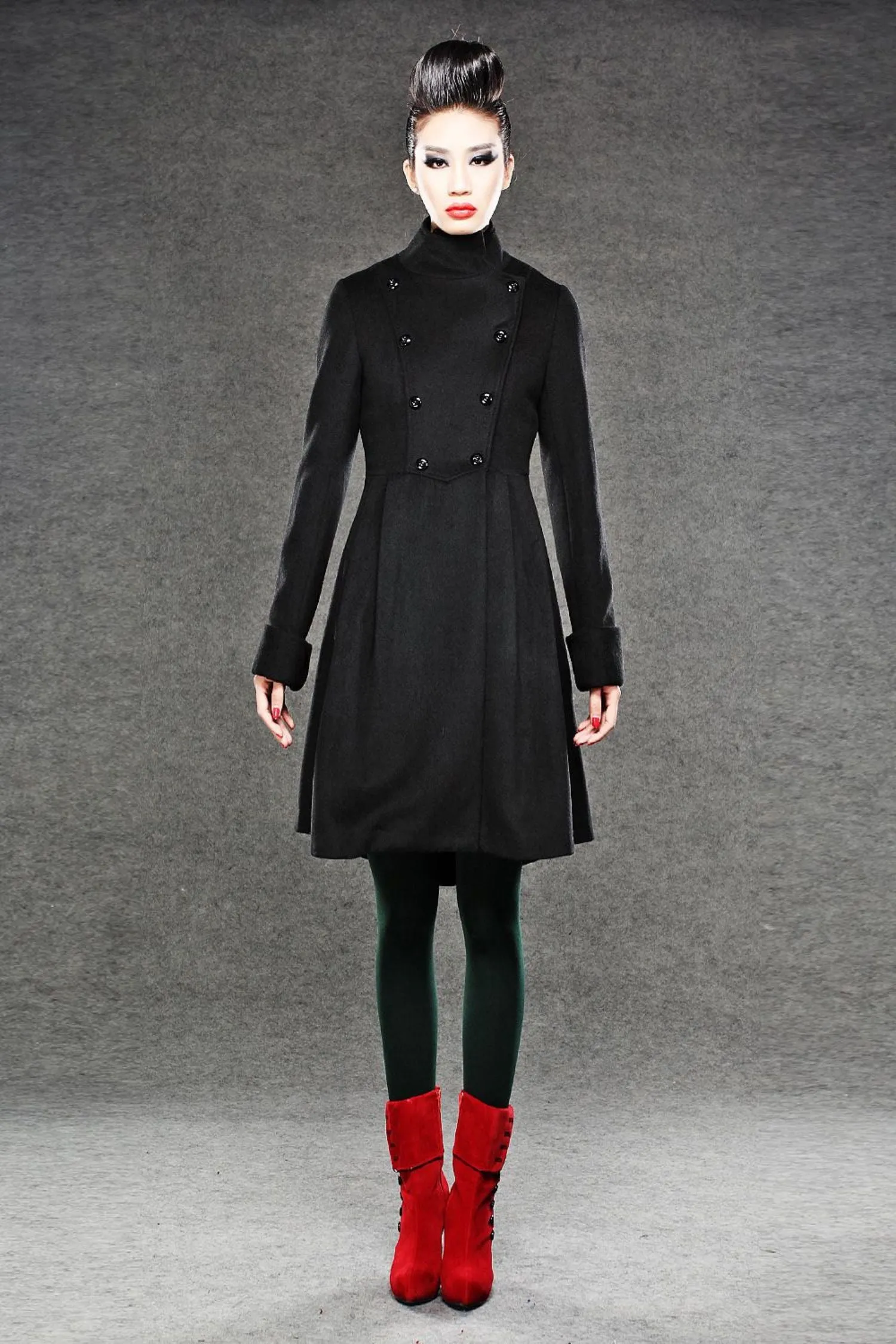 Asymmetrical black winter wool coat C039