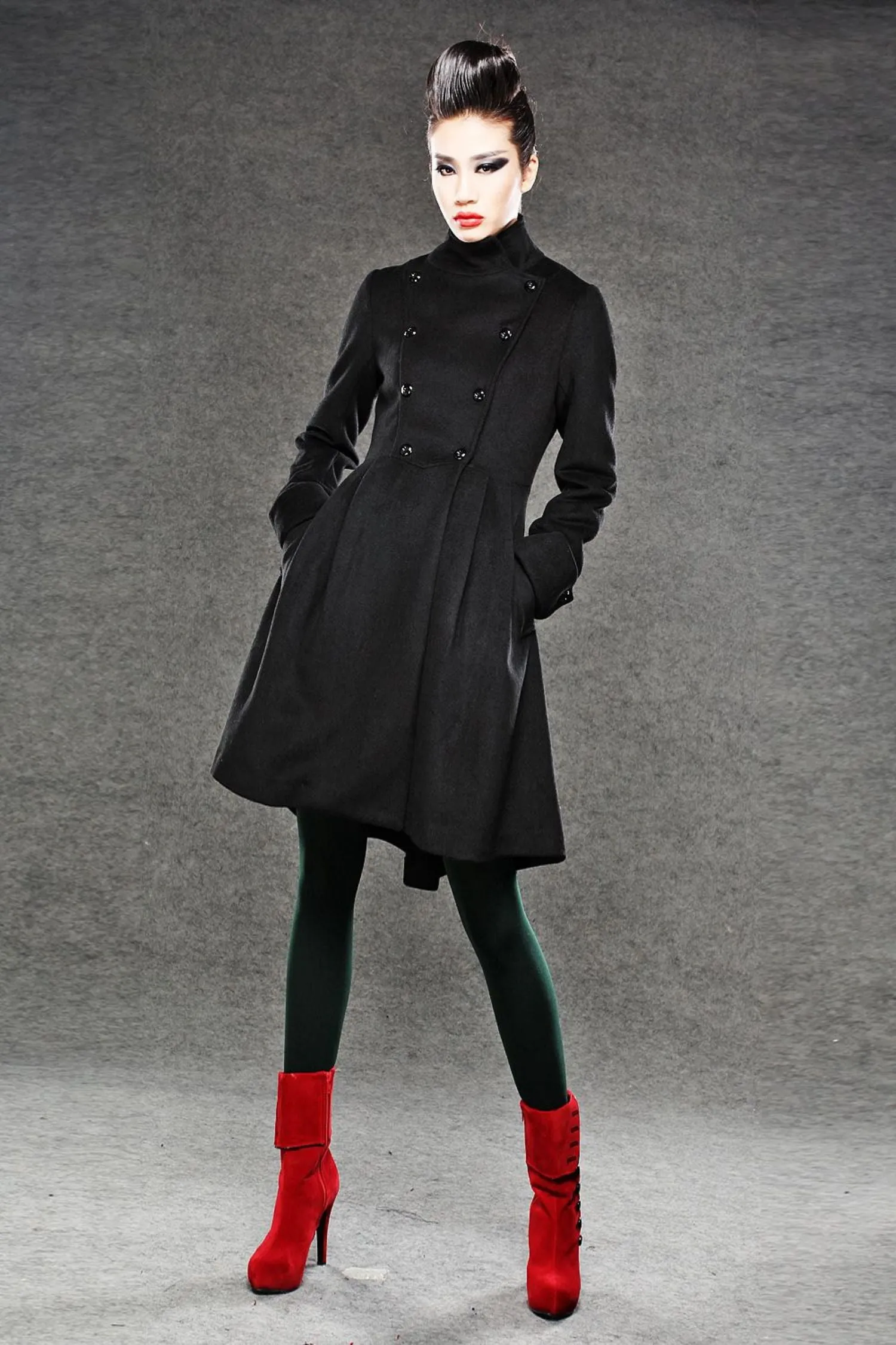 Asymmetrical black winter wool coat C039