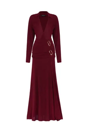 AYLEEN SLIT V WRAPAROUND NECK JERSEY MIDI DRESS