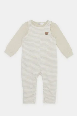 Babies Beige Print Stripe Dungaree Set (2 Piece)