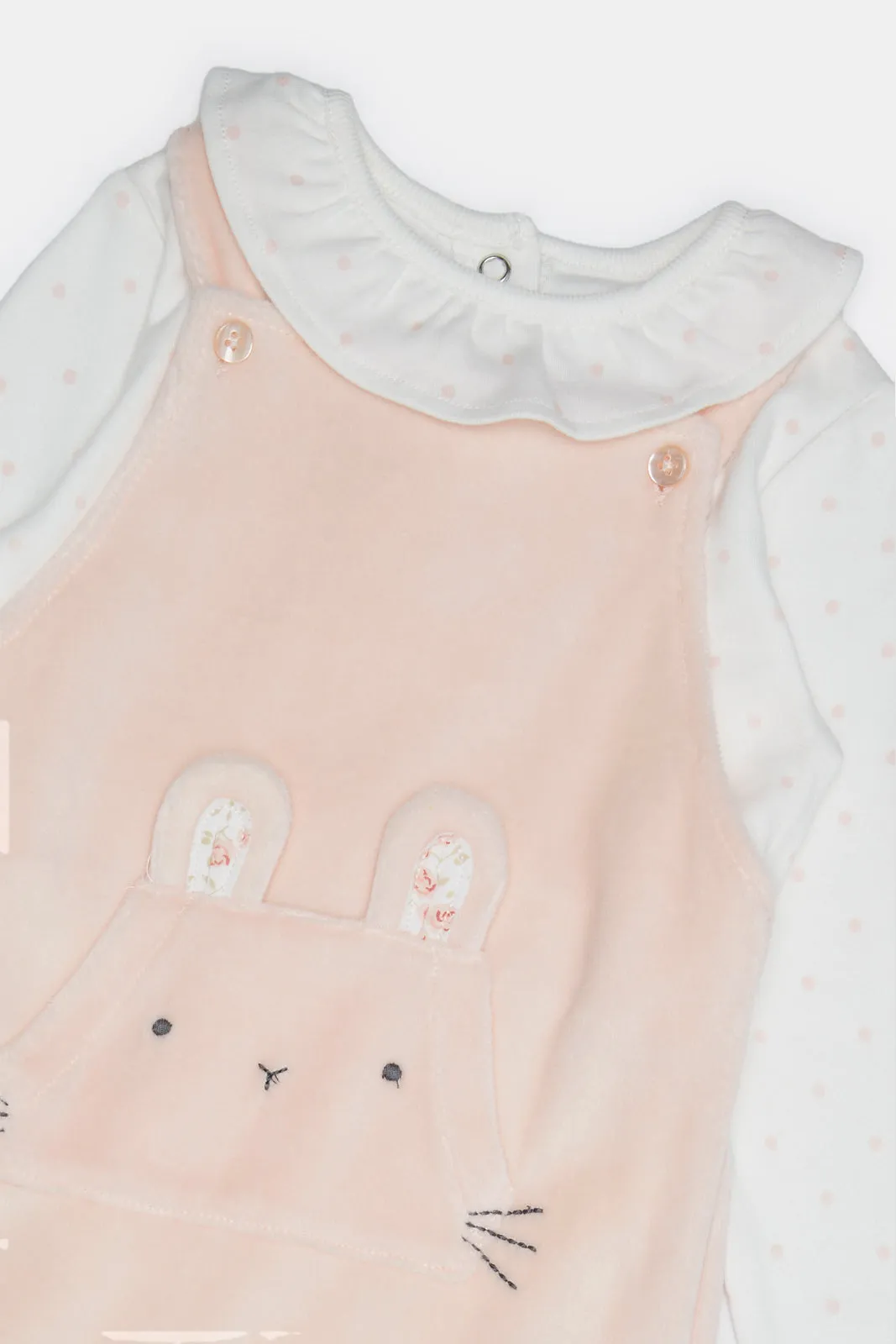 Baby Pink And White Embellished Dungaree Set (2 Piece)