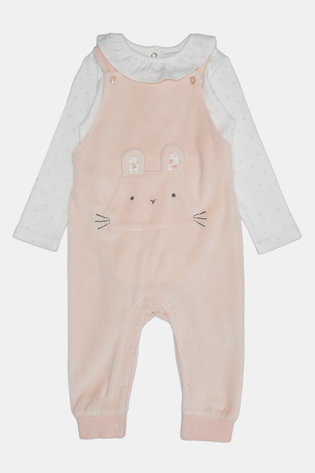 Baby Pink And White Embellished Dungaree Set (2 Piece)