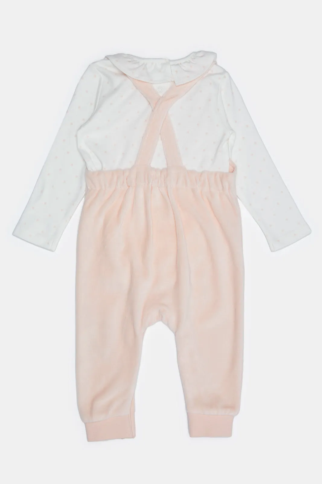 Baby Pink And White Embellished Dungaree Set (2 Piece)