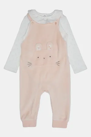 Baby Pink And White Embellished Dungaree Set (2 Piece)