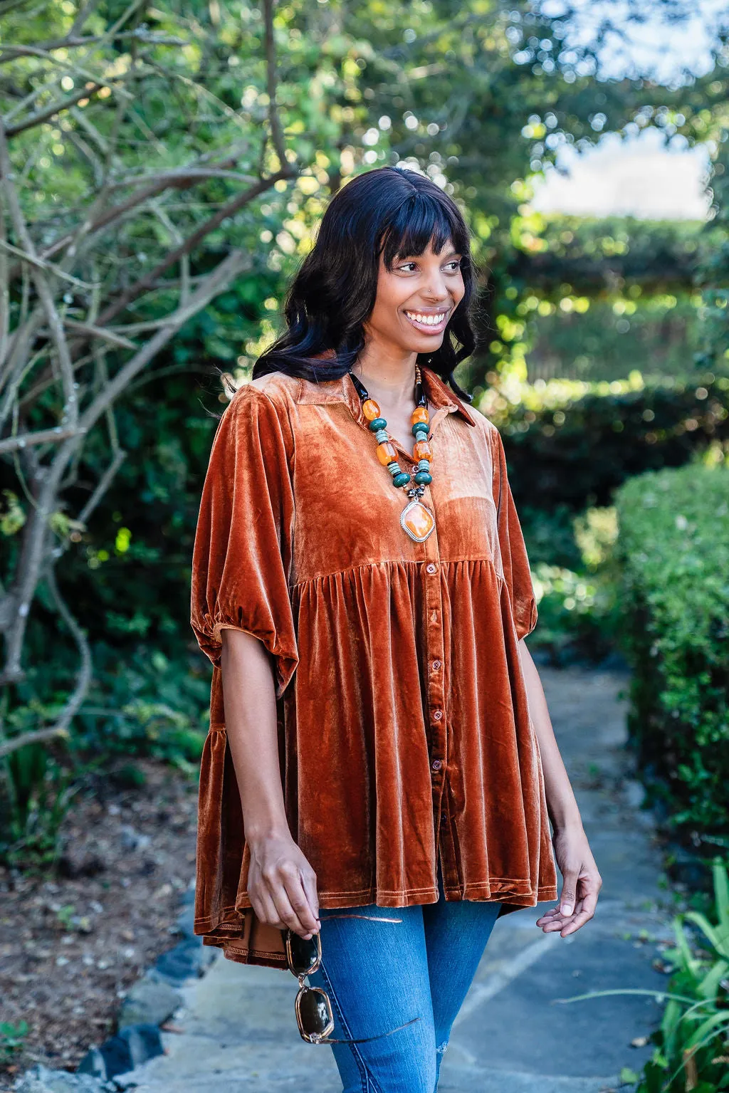 Babydoll Velvet Tunic in Rust