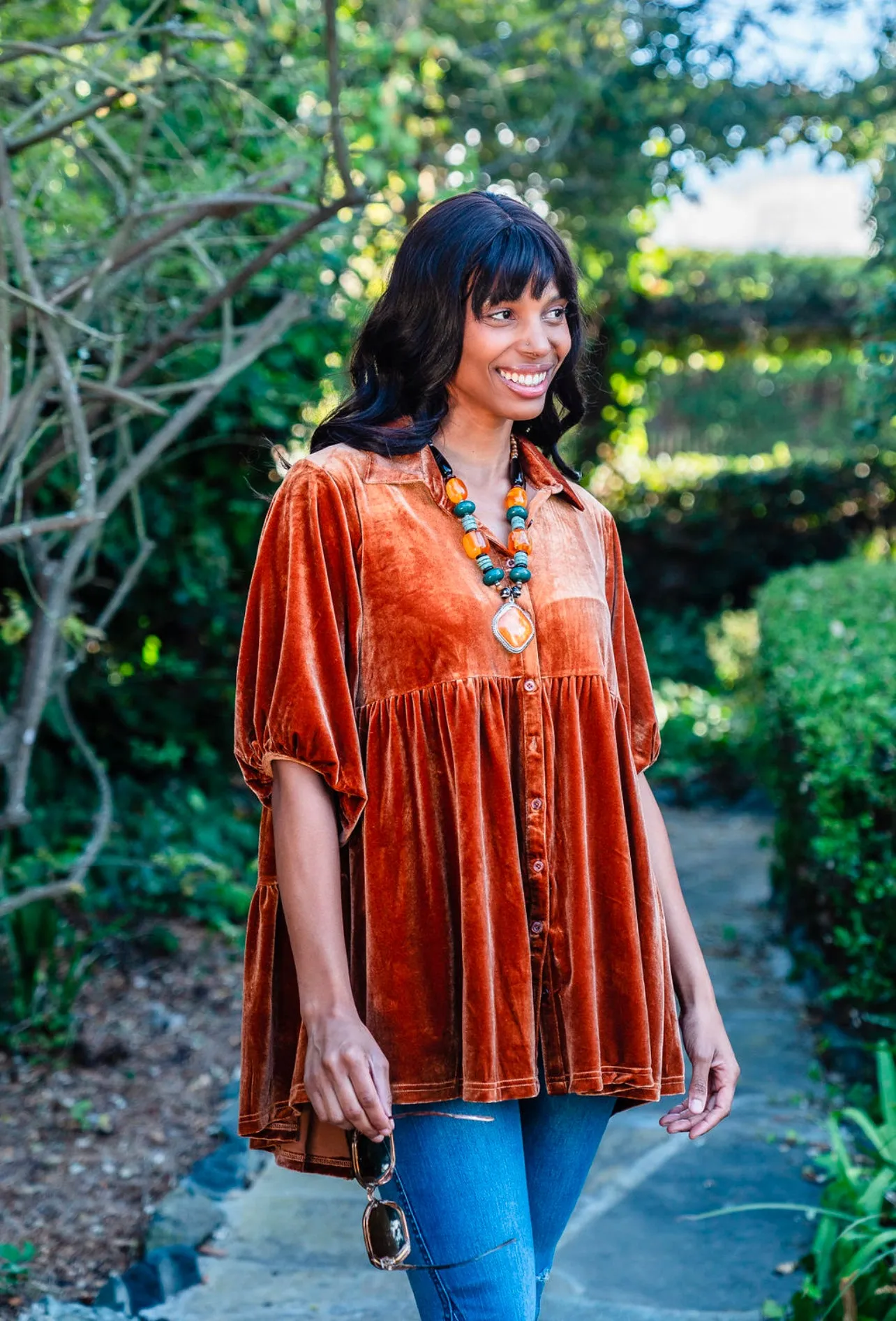 Babydoll Velvet Tunic in Rust