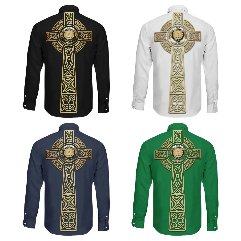 Bain Clan Mens Long Sleeve Button Up Shirt with Golden Celtic Tree Of Life