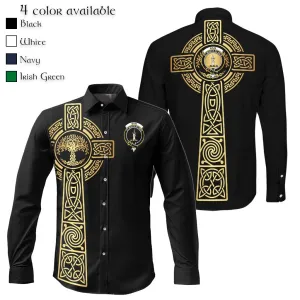 Bain Clan Mens Long Sleeve Button Up Shirt with Golden Celtic Tree Of Life