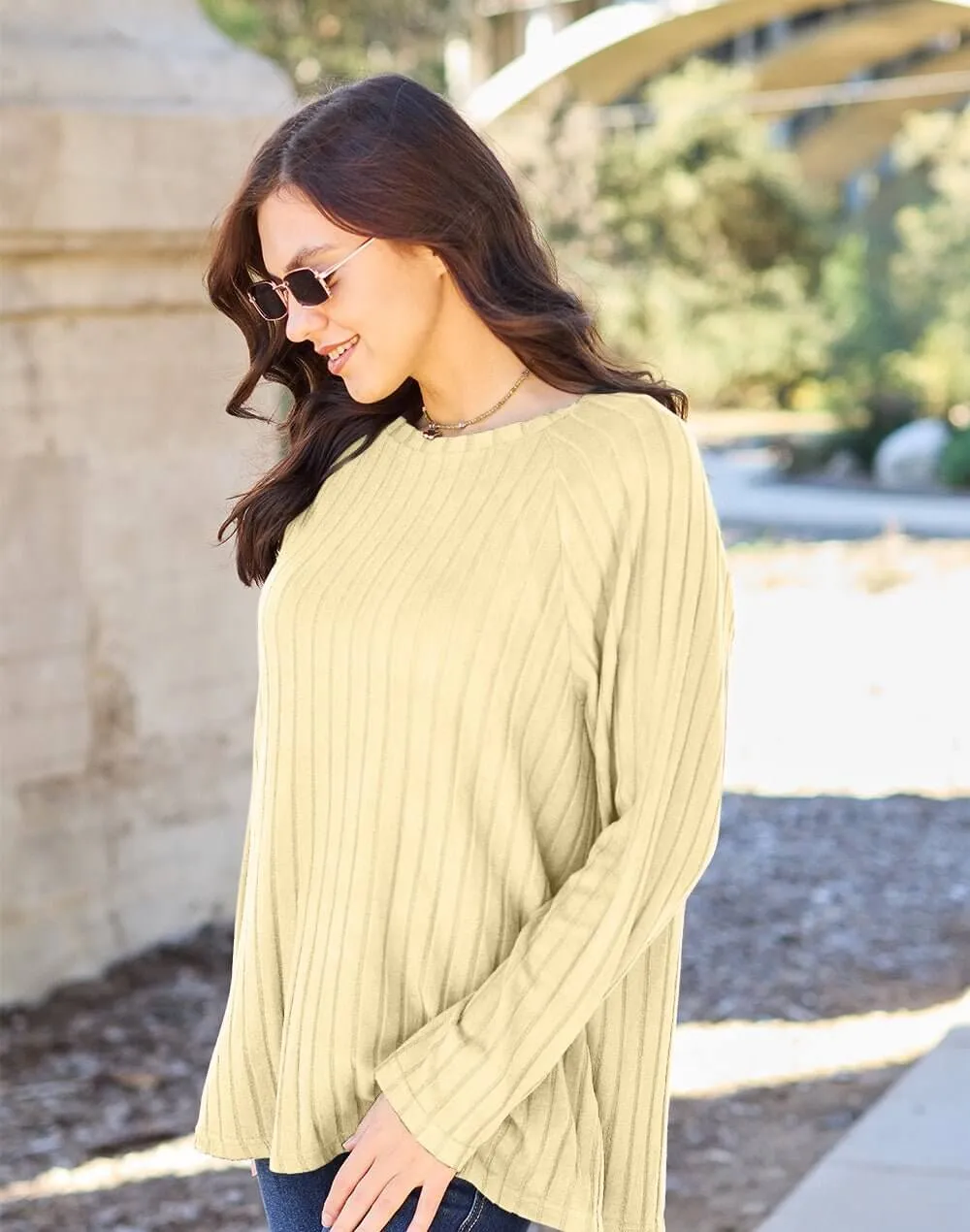 Basic Bae Full Size Ribbed Round Neck Long Sleeve Knit Top