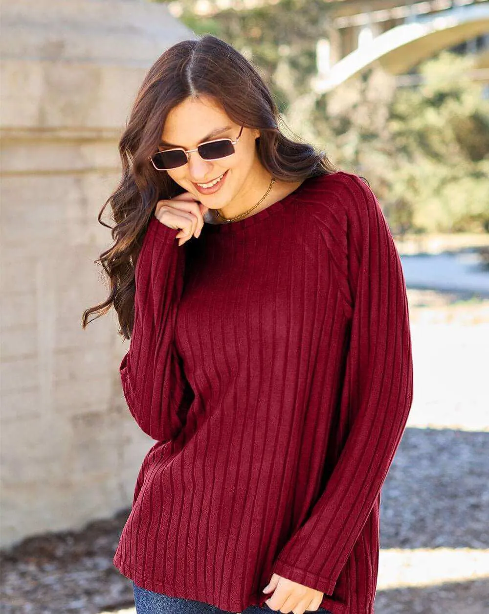 Basic Bae Full Size Ribbed Round Neck Long Sleeve Knit Top