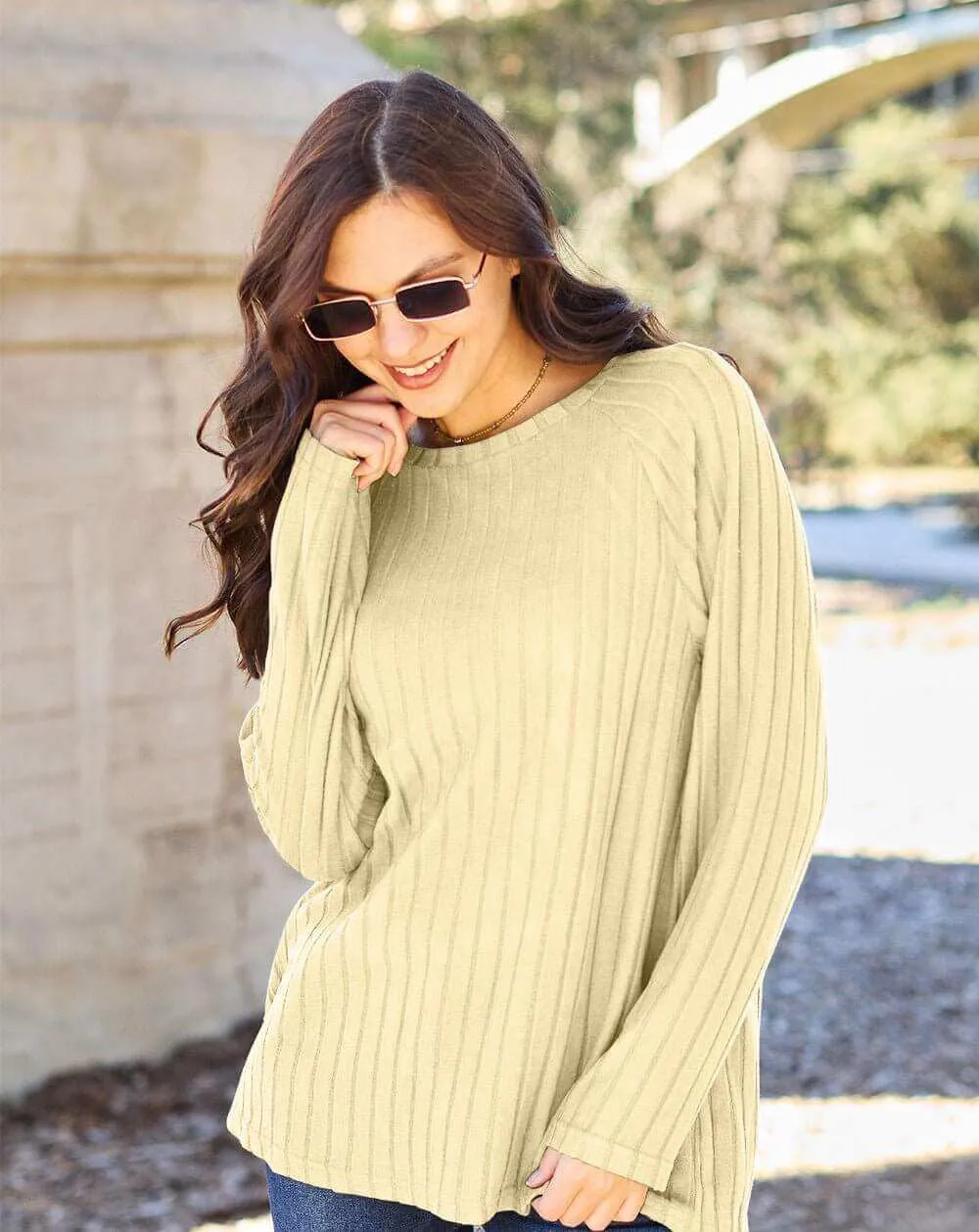 Basic Bae Full Size Ribbed Round Neck Long Sleeve Knit Top