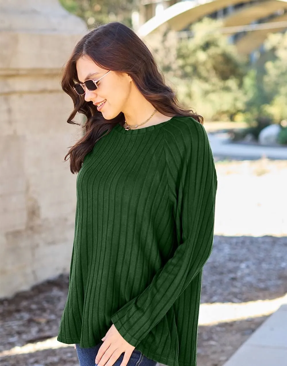 Basic Bae Full Size Ribbed Round Neck Long Sleeve Knit Top