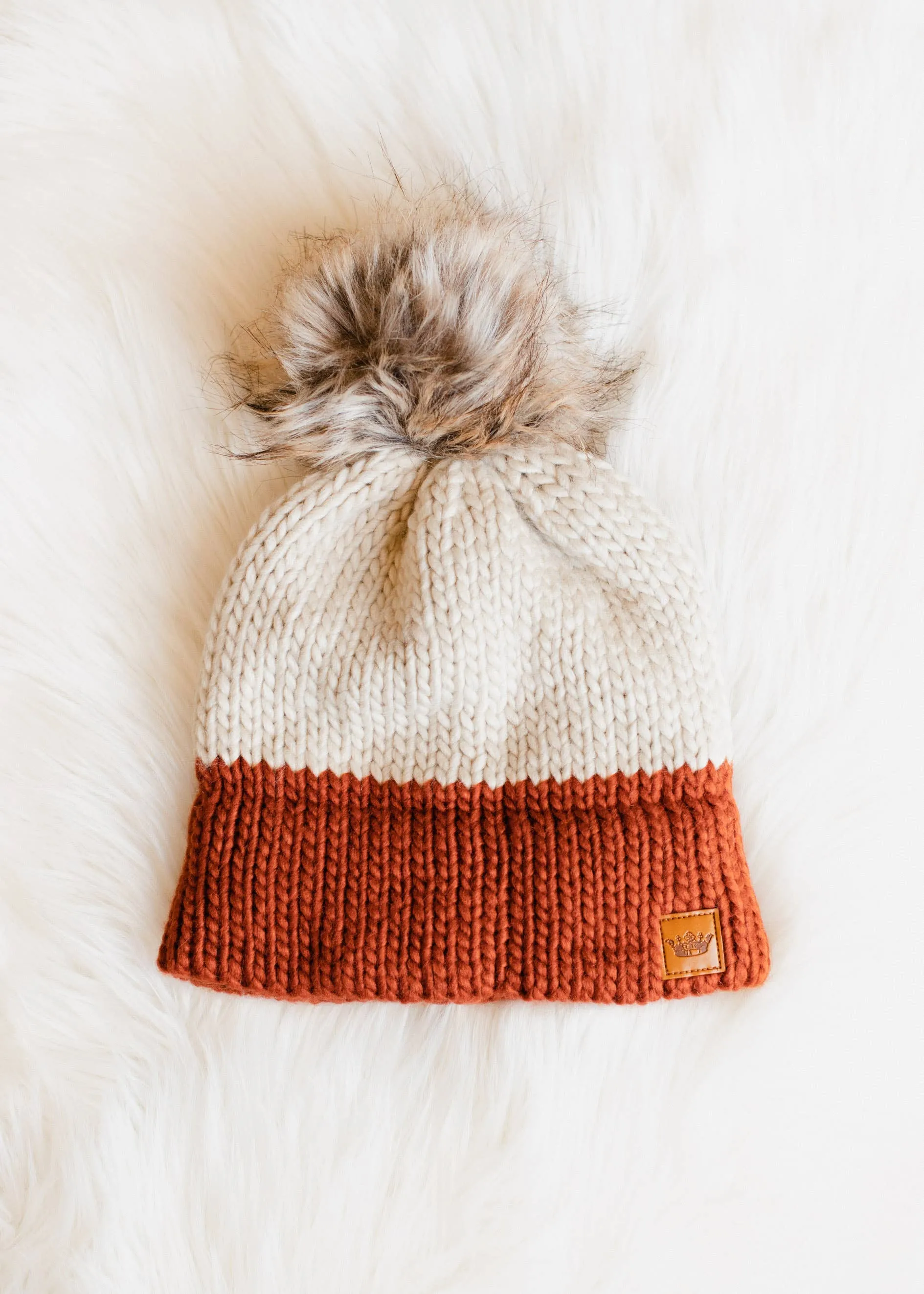 Beige & Rust Color Block Pom Hat