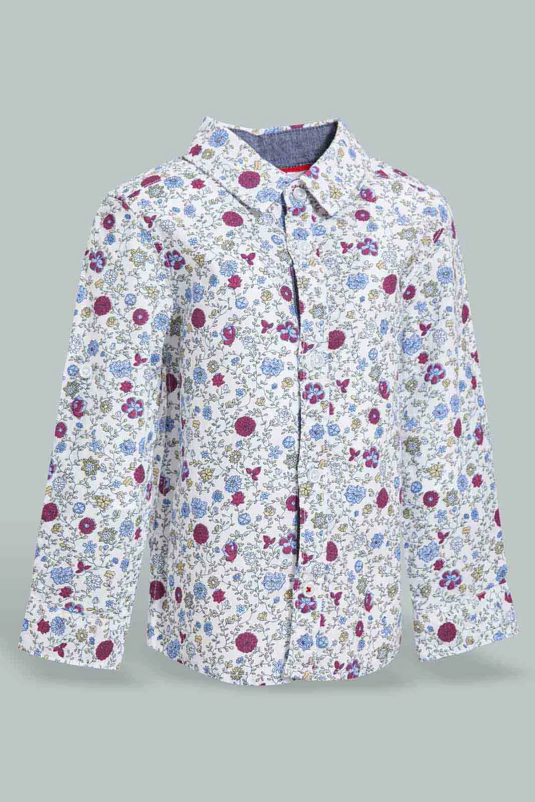 Beige Floral Long Sleeved Shirt For Infant Boys