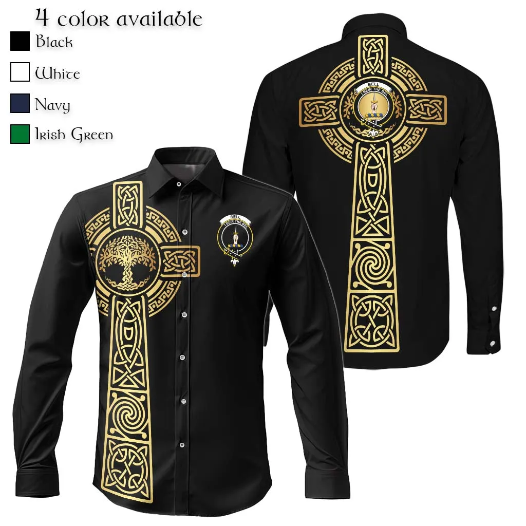 Bell Clan Mens Long Sleeve Button Up Shirt with Golden Celtic Tree Of Life