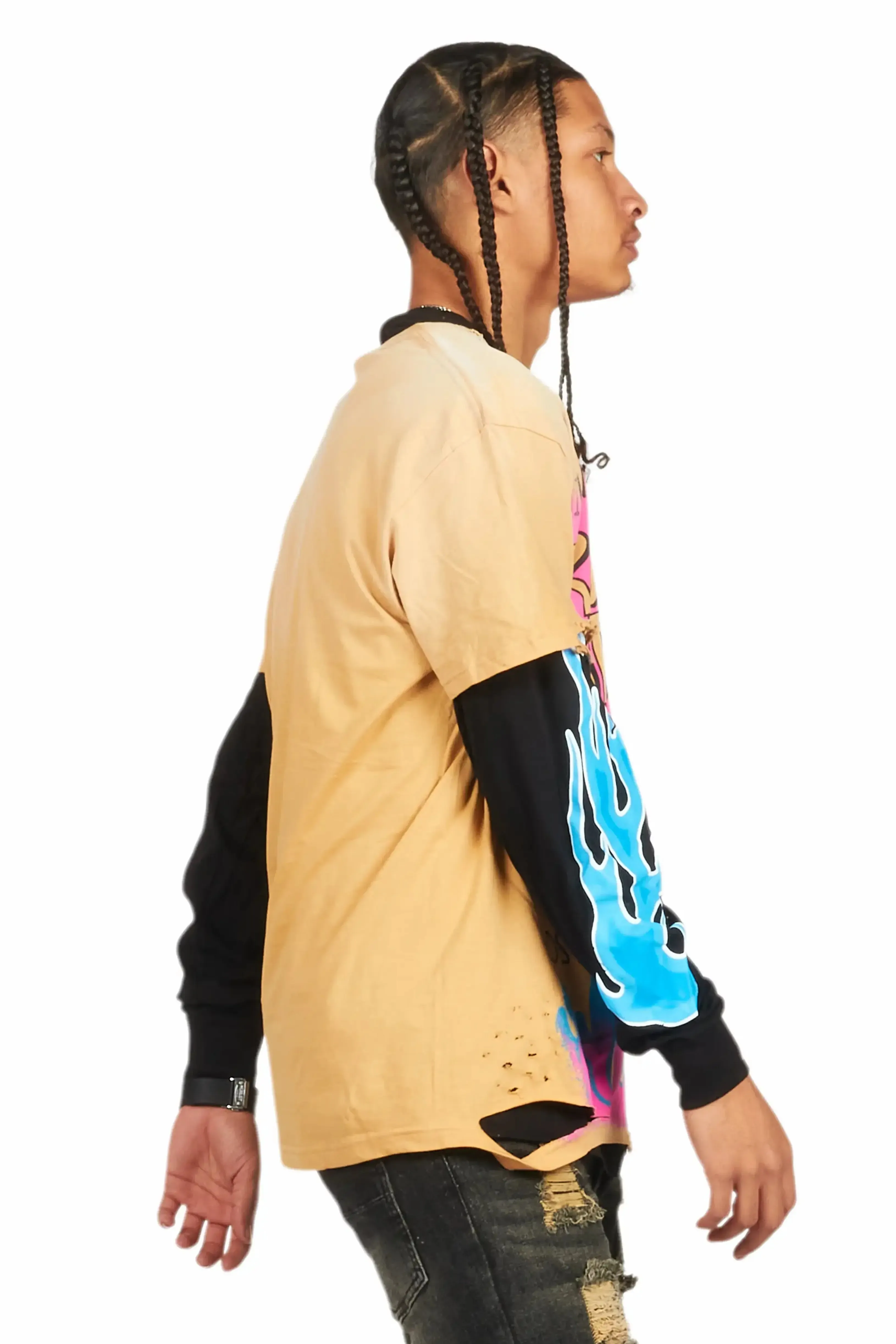 Beno Beige/Black Double Layer Long Sleeve Graphic T-Shirt