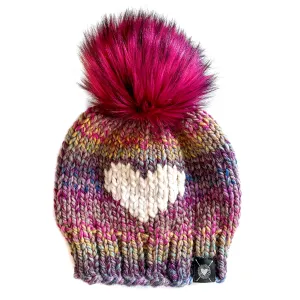 Big Heart Faux Fur Pom-Pom Beanie in Astroland Love