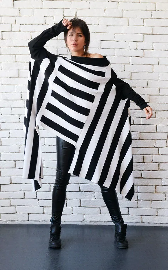 Black and White Stripe Asymmetric Tunic