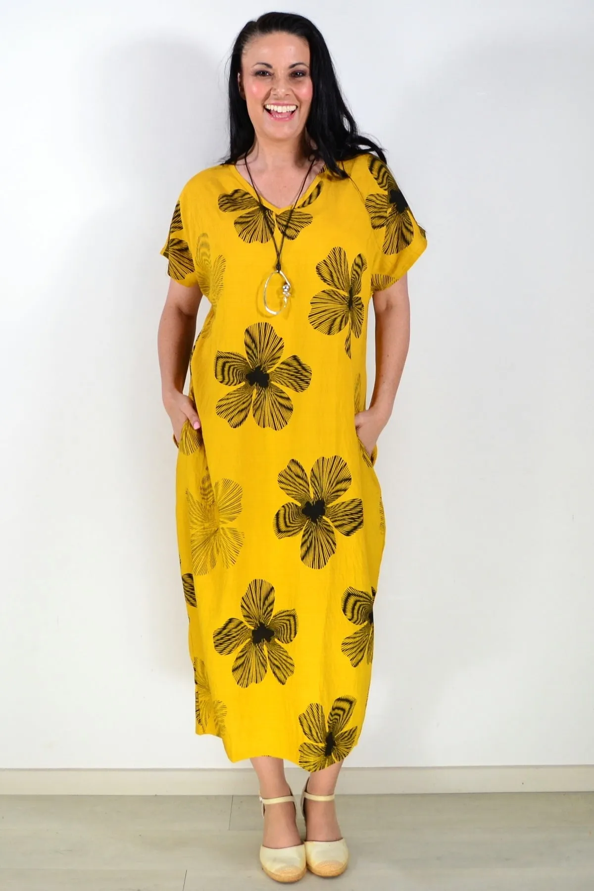 Black Floral Mustard Yellow Dress