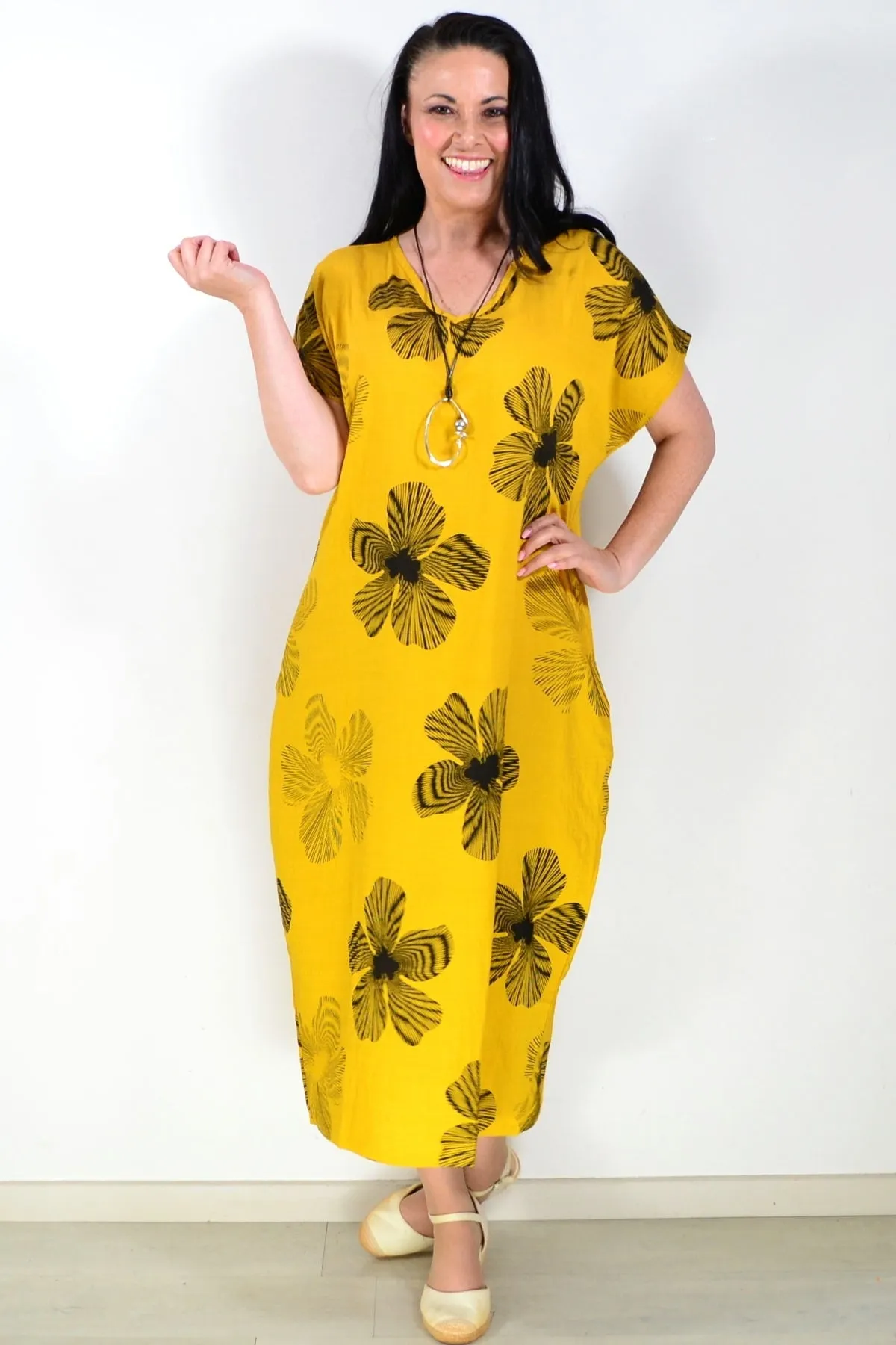 Black Floral Mustard Yellow Dress