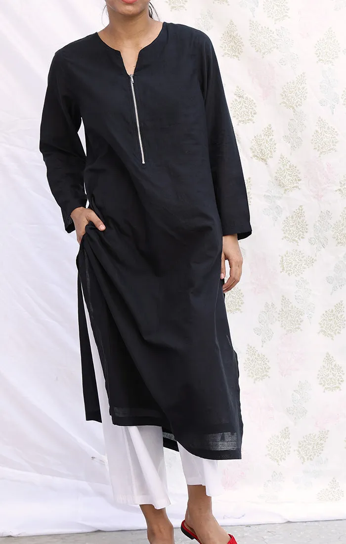 Black Handspun handwoven Muslin Kurta with Pants and Stole