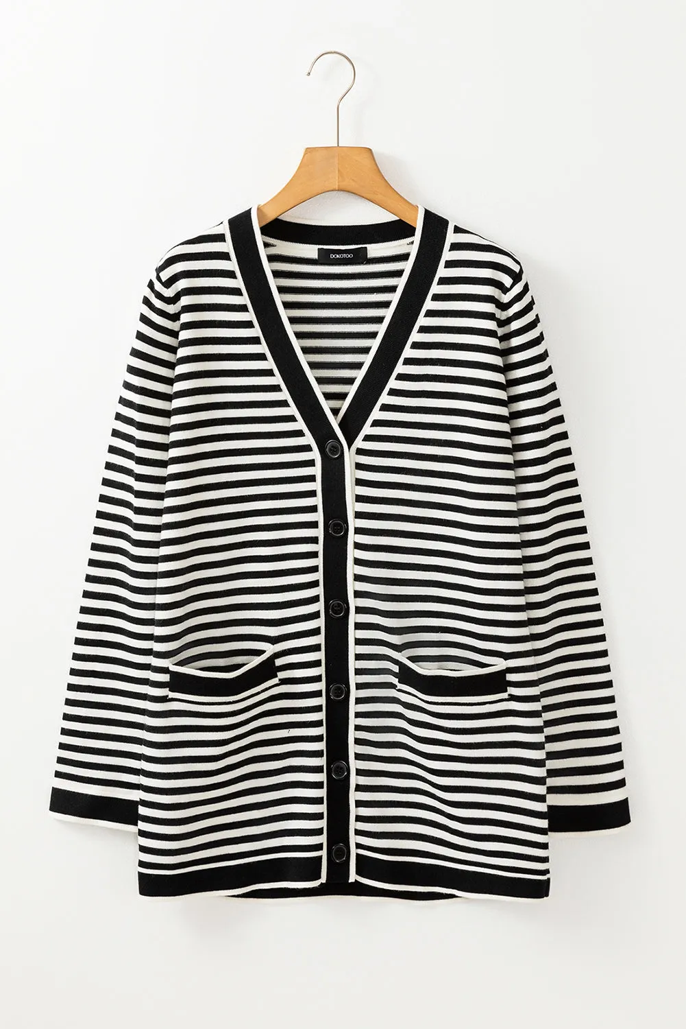 Black Stripe Long Sleeve Button Up Tunic Cardigan