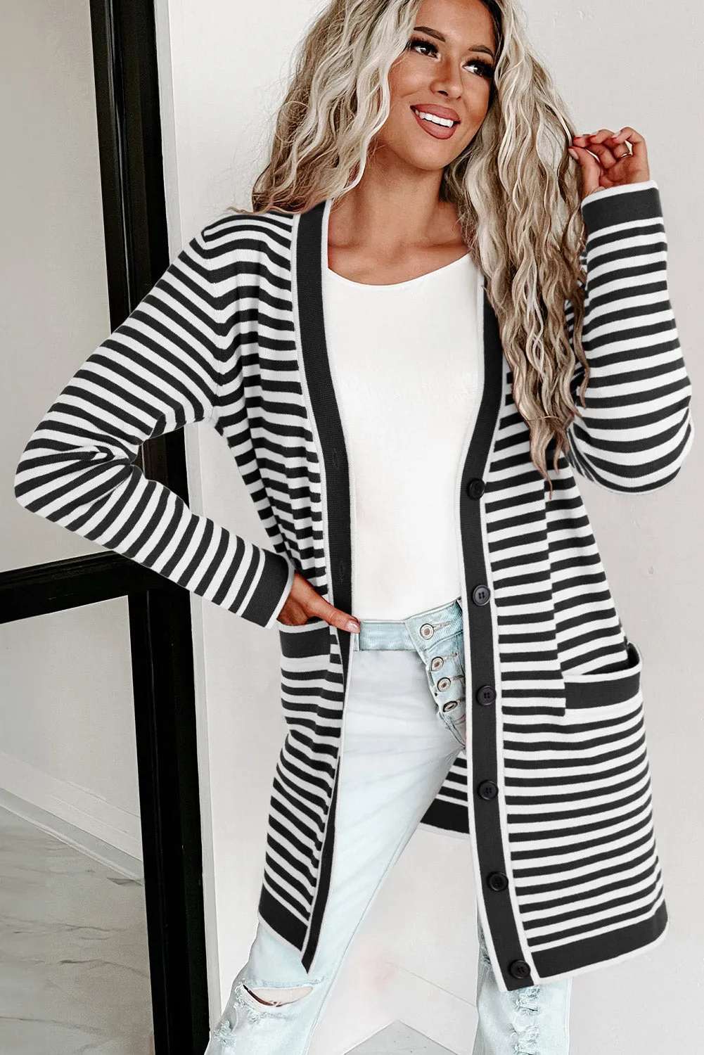 Black Stripe Long Sleeve Button Up Tunic Cardigan