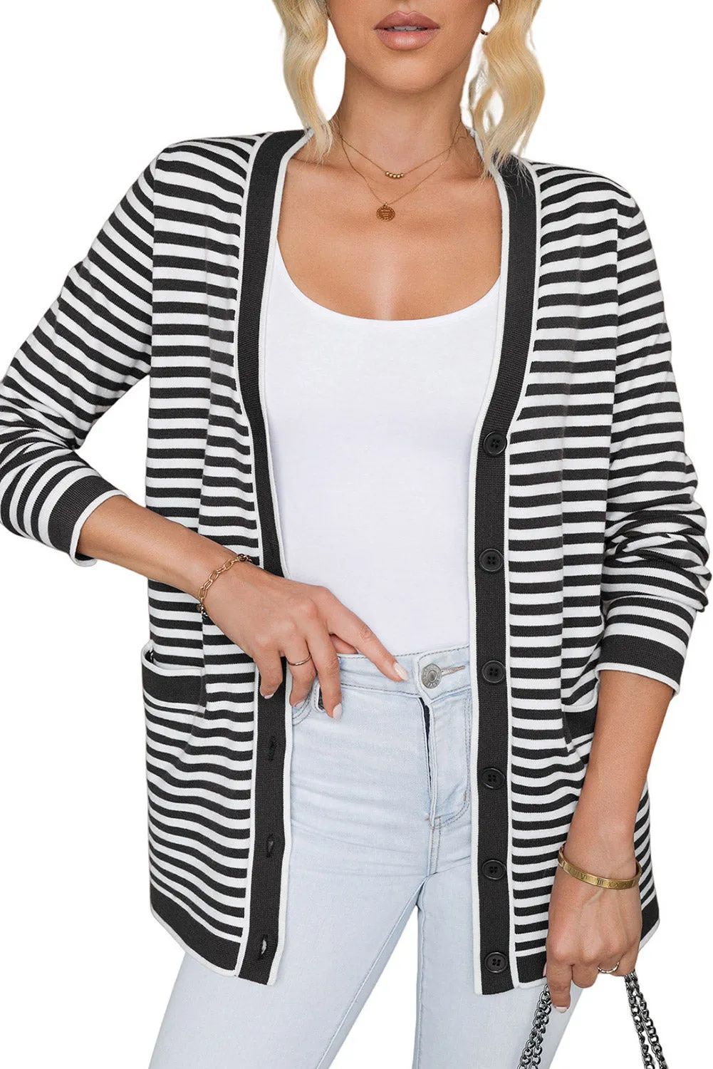 Black Stripe Long Sleeve Button Up Tunic Cardigan