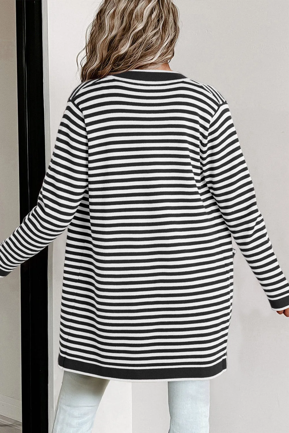 Black Stripe Long Sleeve Button Up Tunic Cardigan